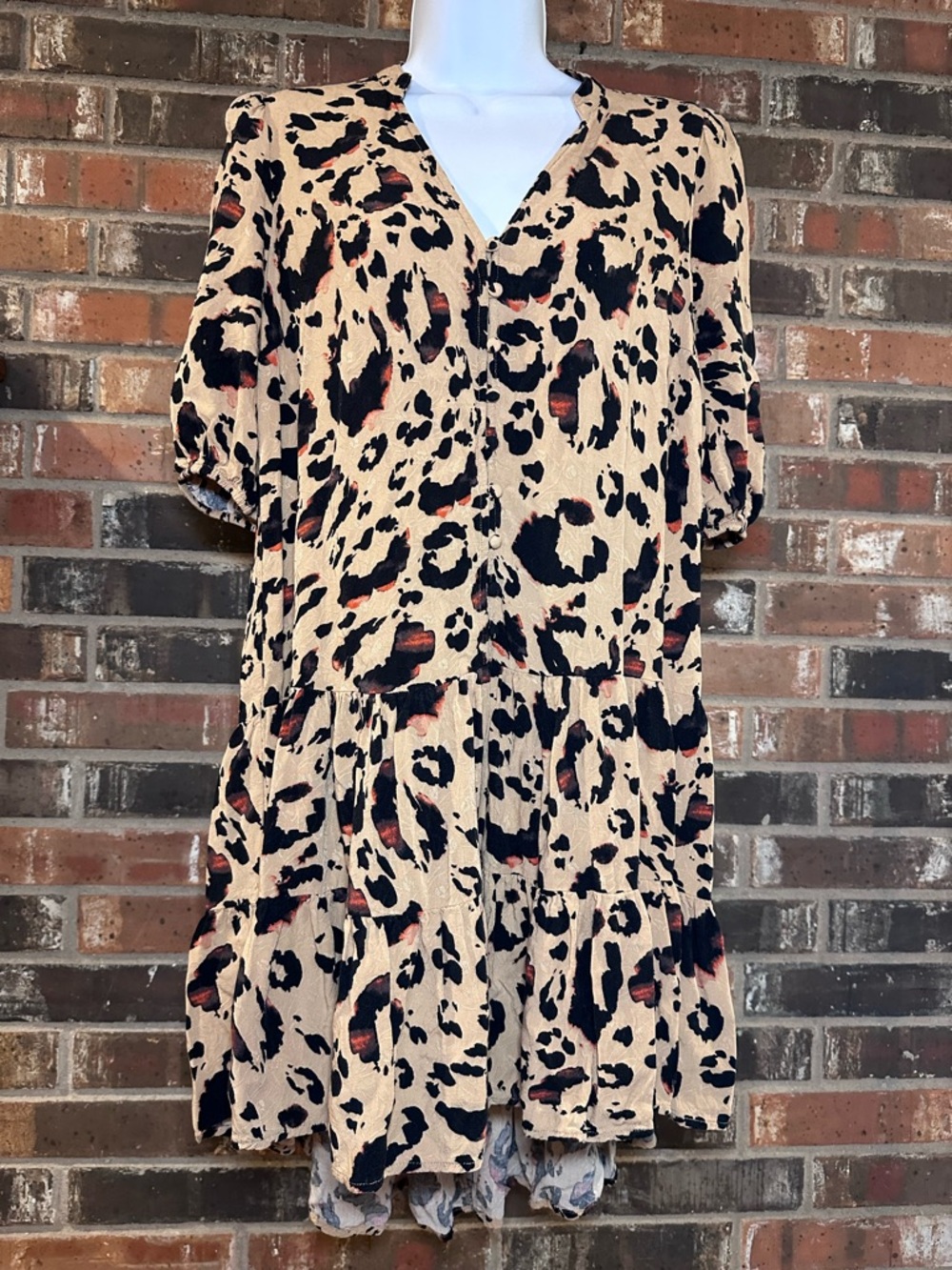 Leopard Print Tiered V-Neck Mini Dress in Beige, Black & Rust